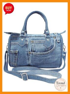 Handmade Upcycled Denim Crossbody Satchel Purse with Adjustable Strap and Top